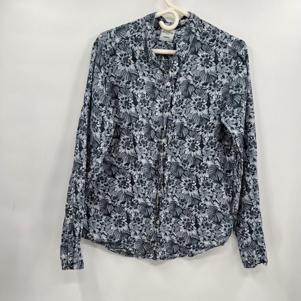 Murano S Linen Button Down Shirt Mens Blue White Floral Baird McNutt Long Sleeve